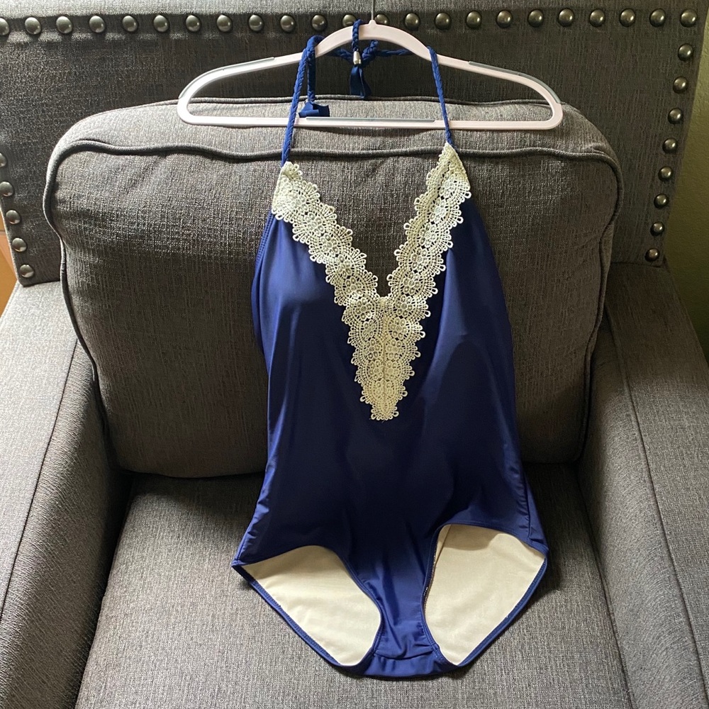 Navy blue crochet one piece swimsuit